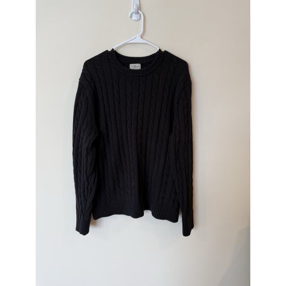 LL Bean Men’s Signature Black Sweater Cable Knit Cotton Sz Large Fisherman
